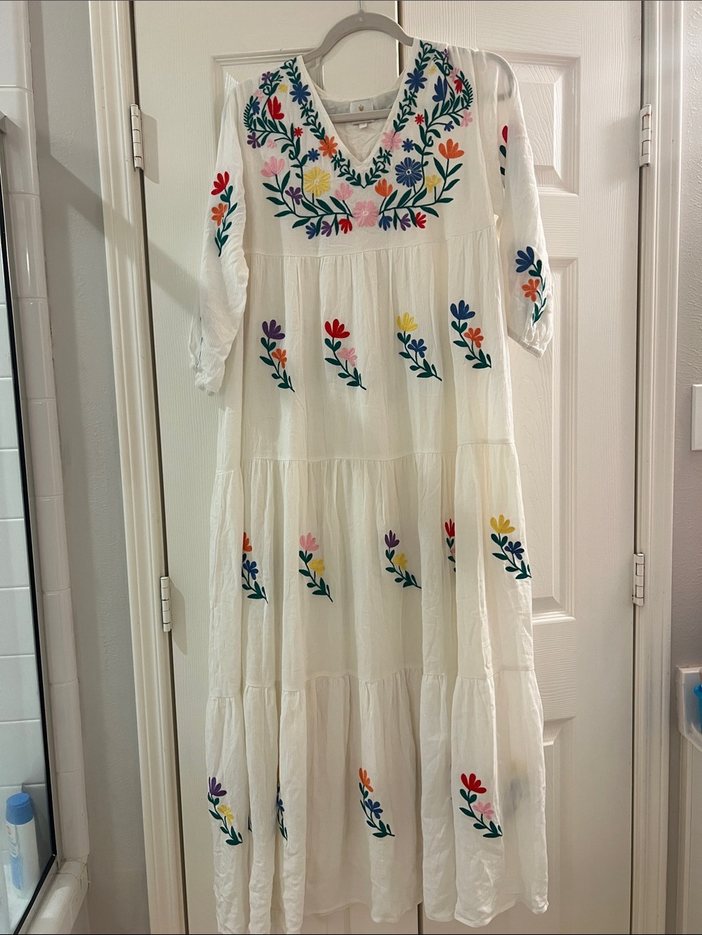 J. Marie White Embroidered Maxi Dress with Colorful Floral Motif